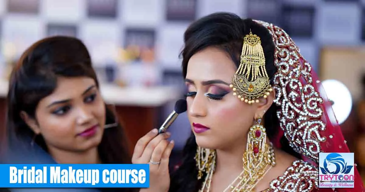 Bridal makeup artist applying flawless bridal makeup at Trytoon Beauty and Wellness Academy Bhubaneswar