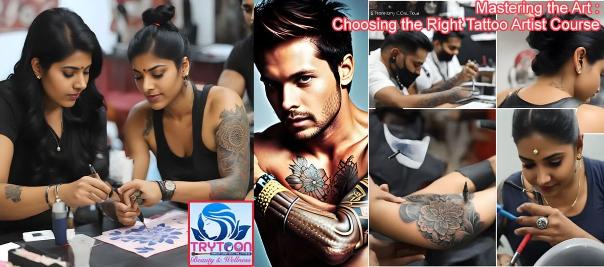 Student learning professional tattooing techniques during the tattoo course at Trytoon Beauty and Wellness Academy, Bhubaneswar