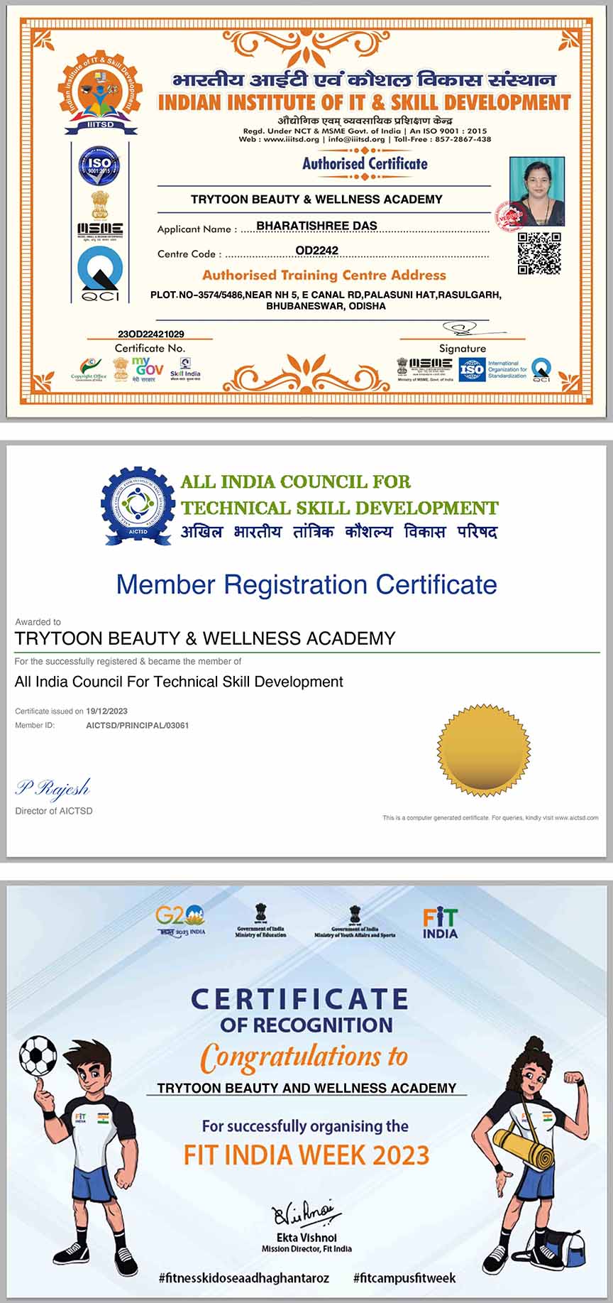 Affiliation certificate of Trytoon Beauty and Wellness Academy Bhubaneswar