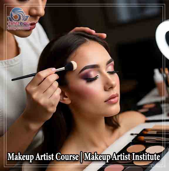 Student applying bridal makeup during Diploma in Makeup Artist course