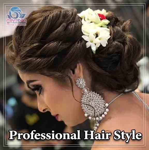 Student practicing advanced bridal hairstyle during Professional Diploma in Cosmetology course.