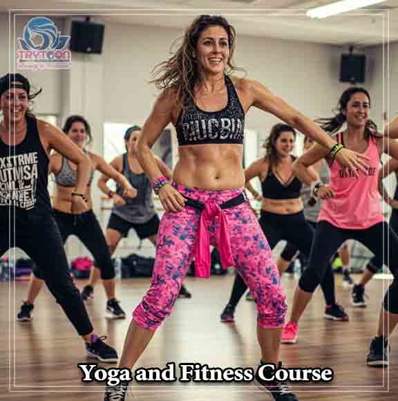 Group fitness class performing stretching exercises in gym